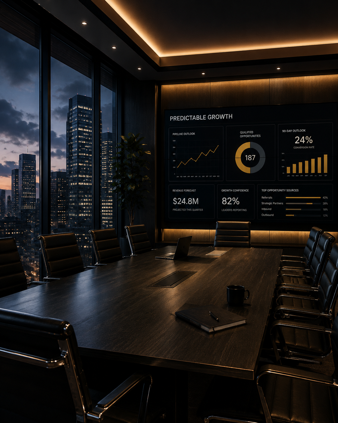 Executive boardroom with predictable growth dashboard
